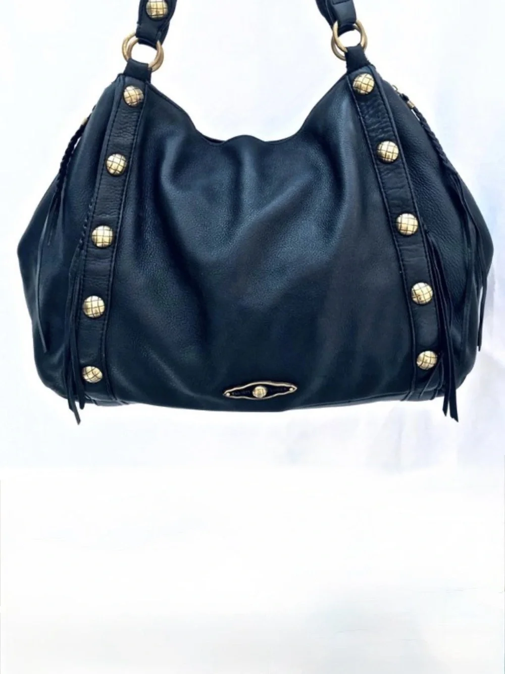ELLIOTT LUCCA Black Leather Hobo Shoulder Bag with Gold Studs